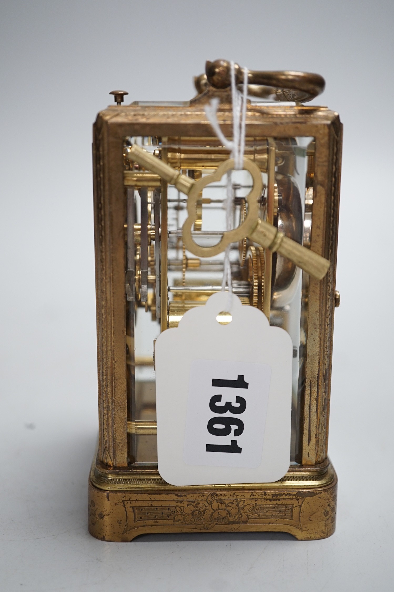 A 19th century French chased gilt brass hour-repeating carriage clock with black Roman dials and second spacers over a white dial, inscribed to movement plate Payne & Co, 163 New Bond Street, London